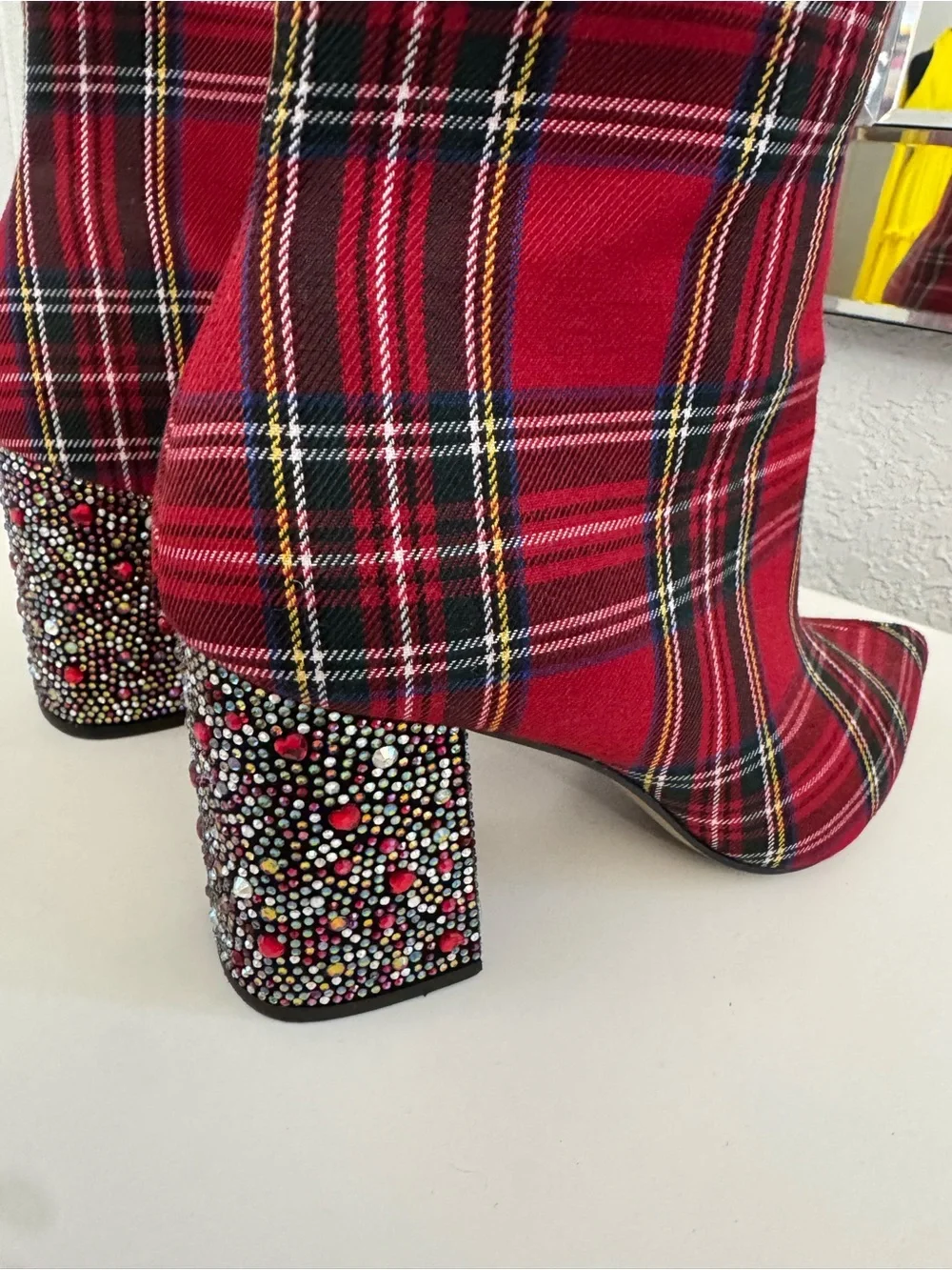 Betsey Johnson Red Plaid Ankle Boots with Embellished Block Heel